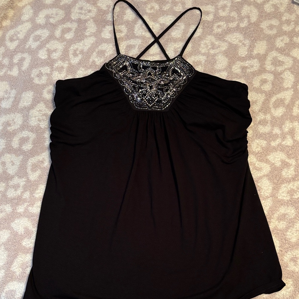 WHBM Black Beaded Women's Top, Size Large